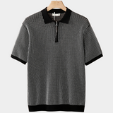 Camisa Polo Preta com Fecho e Textura Geométrica