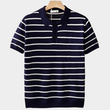 Polo Texturizado Listrado em Azul-Marinho com Botão