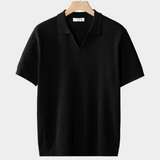 Camisa Polo Preta Canellada com Gola Clara