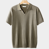 Polo de Gola Aberta com Listras em Tom Taupe