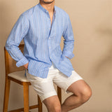 Camisa Vintage com Colar em Mistura de Linho e Listras