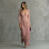 Gabriela - Vestido Longo com Franja e Decote em V