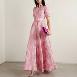 Vestido Longo Jacquard Floral com Cintura - Matilde