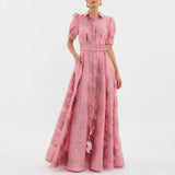 Vestido Longo Jacquard Floral com Cintura - Matilde