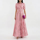 Vestido Longo Jacquard Floral com Cintura - Matilde