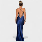 Elena - Vestido de satén azul oscuro