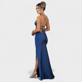 Elena - Vestido de Cetim Azul Escuro