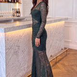 Robe Midi Teal com Detalhes em Pregas e Renda